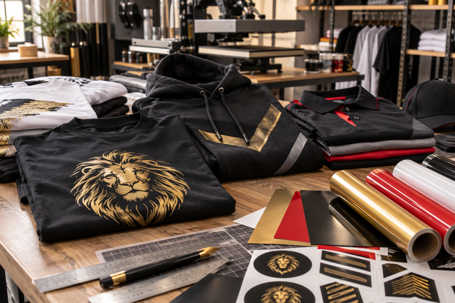 Prendas personalizadas, camisetas y hoodies en mesa de producción